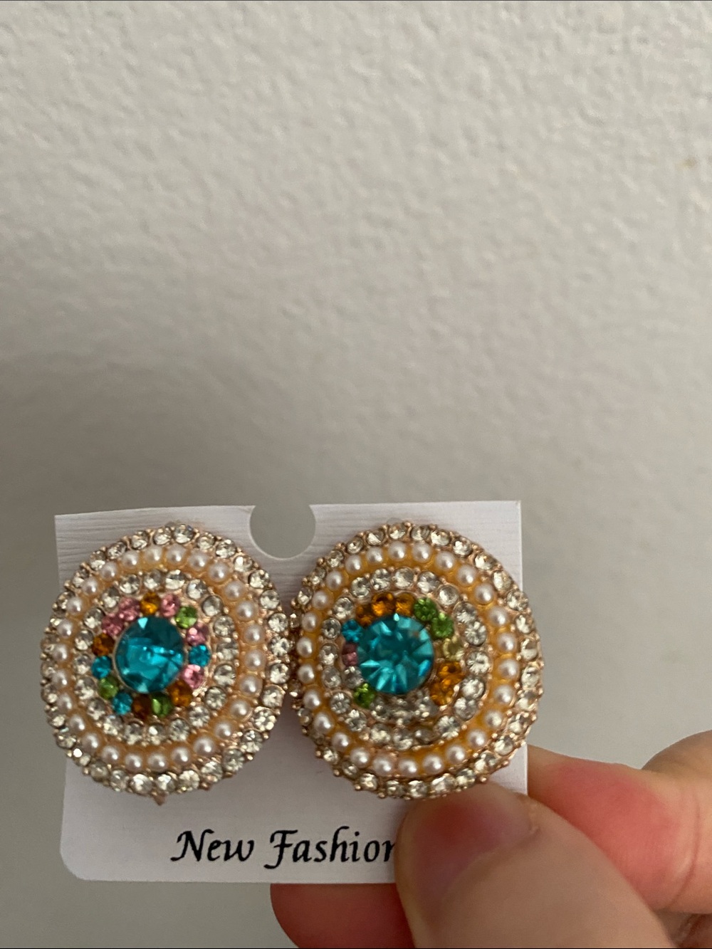 Gold-Tone Pearl & Teal Crystal Round Earrings - Picture 2 of 3